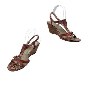 Bandolino Vegan Faux Leather Strappy Wedge Sandals 10 Pink Coral Snake Embossed